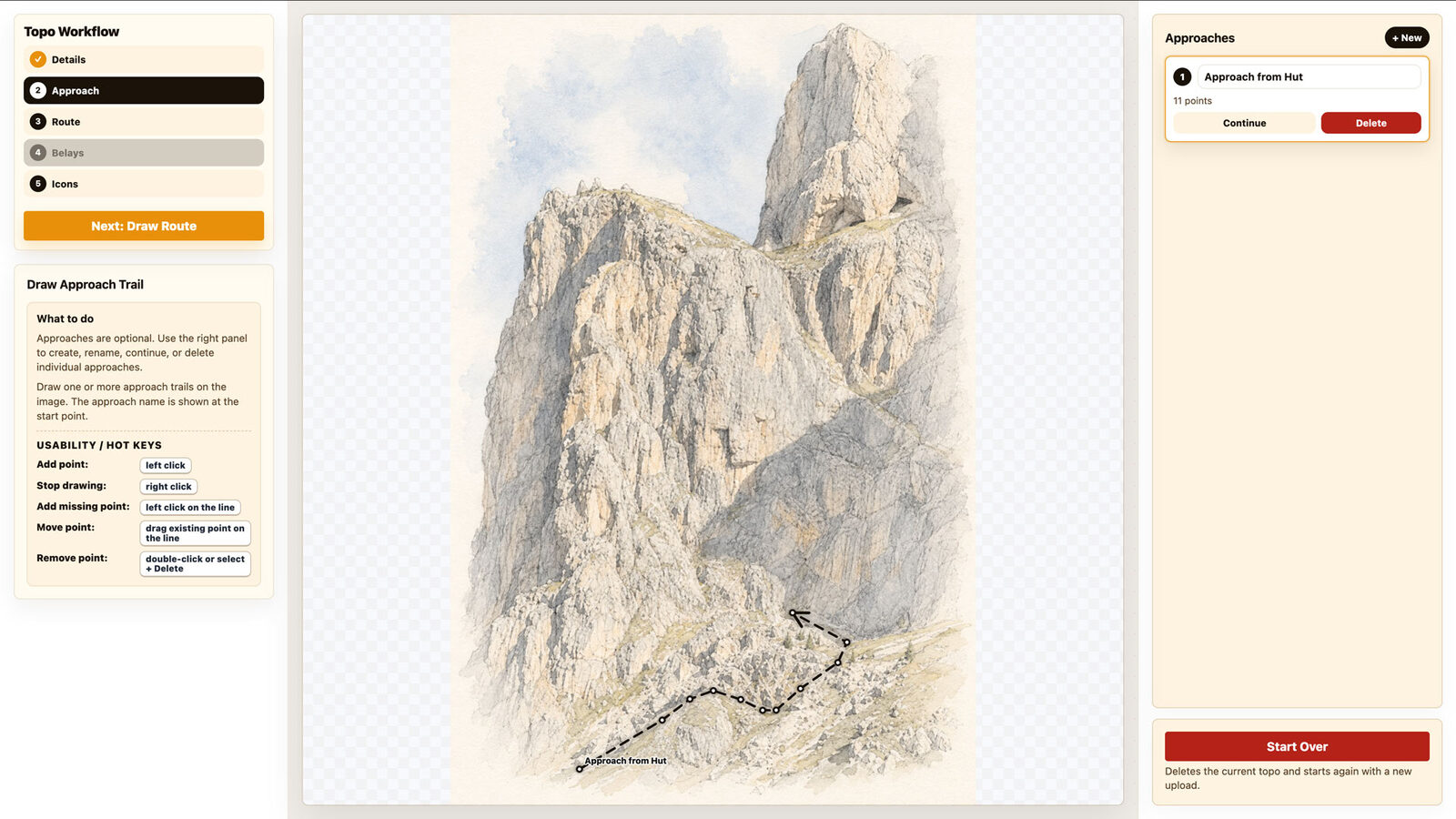 An approach trail drawn as a dashed line across the scree below the wall