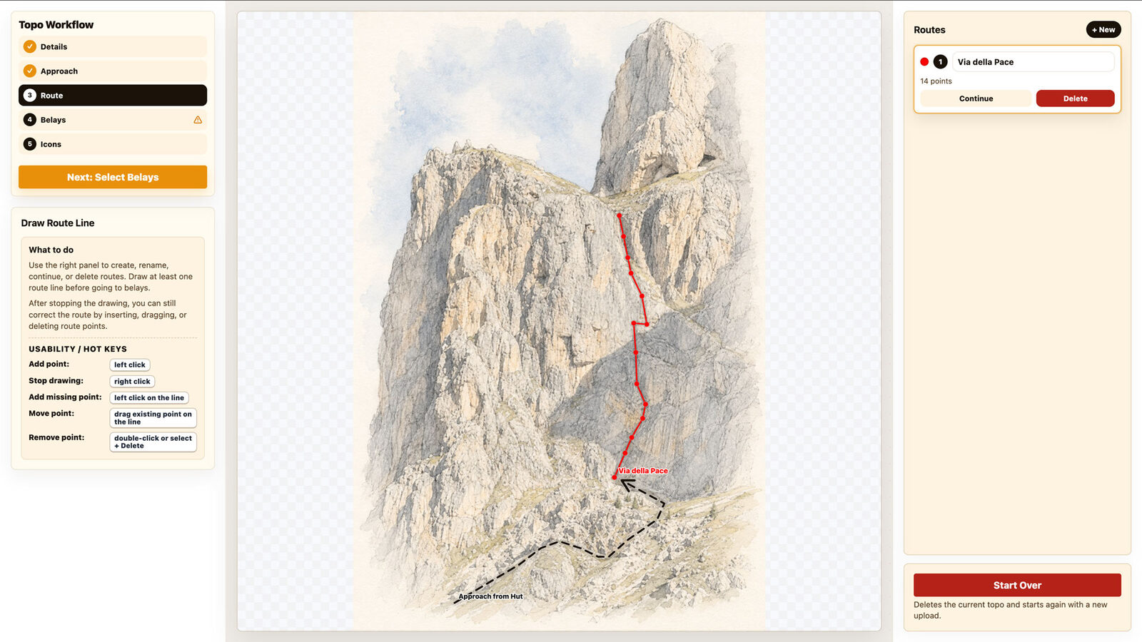 A red route line drawn from the start of the route up the wall