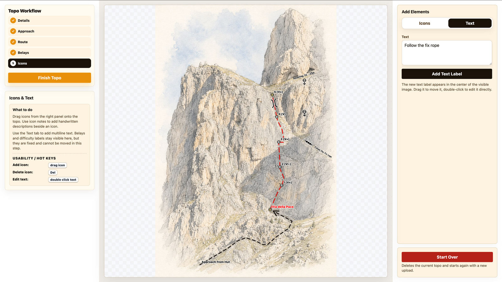 Text labels on the topo, reading “Follow the fix rope” and “Abseiling 2x ~25m”