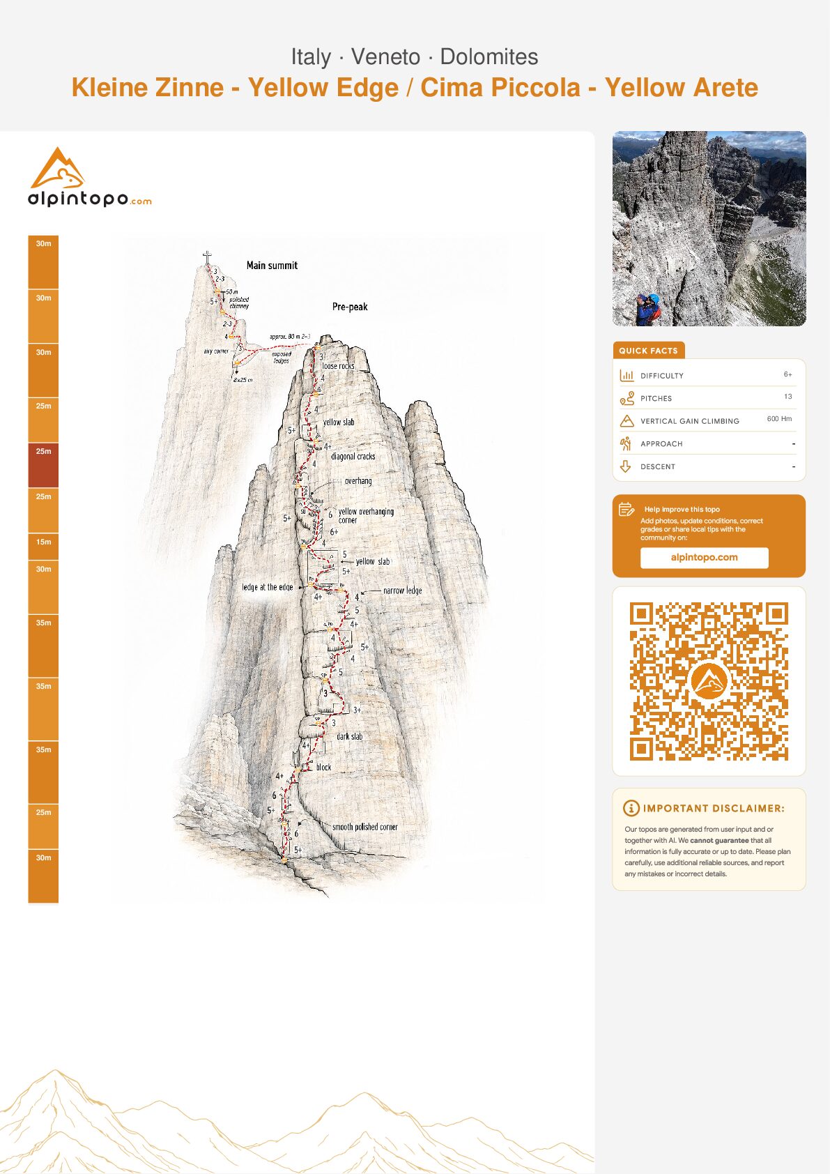 The finished topo sheet for Kleine Zinne – Yellow Edge: the drawn route with its pitch lengths down the side, quick facts, a summit photo and a QR code